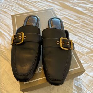 Black Leather Women’s Shoes with Gold Buckle